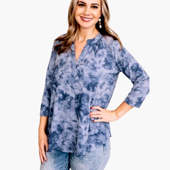 Olivaceous blue tie dye blouse, ladies medium relaxed fit long sleeve pullover - Picture 11 of 11